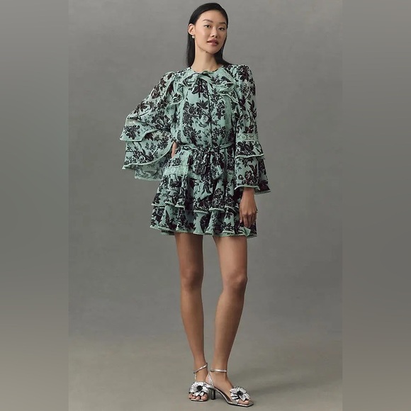 NWT Anthropologie BHLDN Camila Long-Sleeve Chiffon Mini Dress